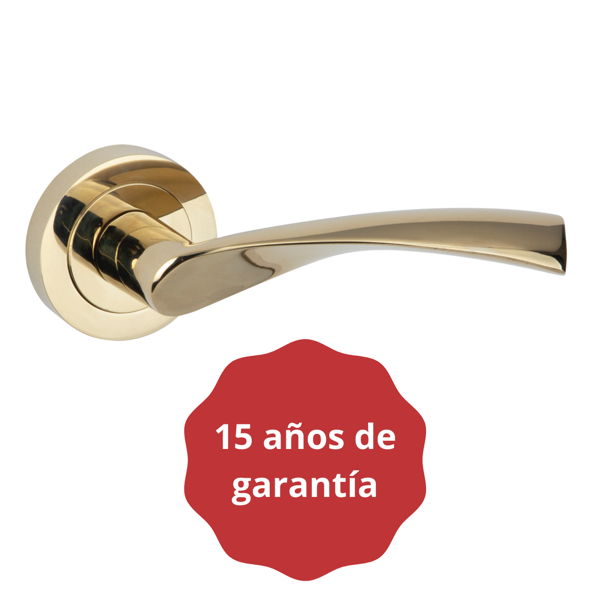 '130' model Zamak OLA door handle with round rose in polished gold PVD finish