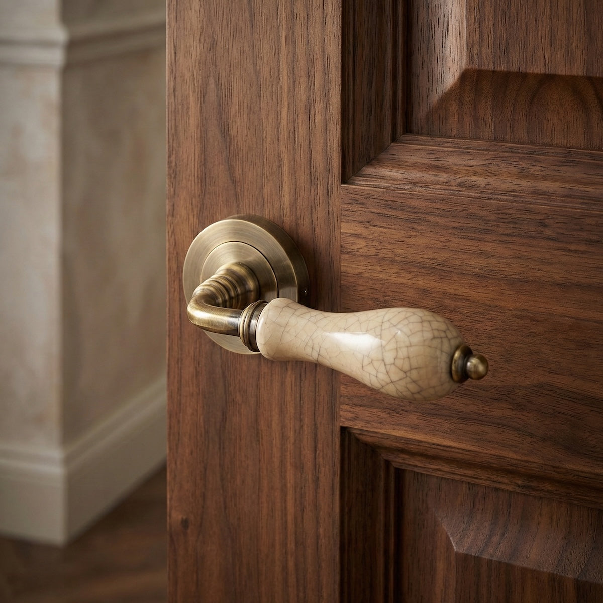'4008' model aluminum handle with round rosette in leather finish with porcelain