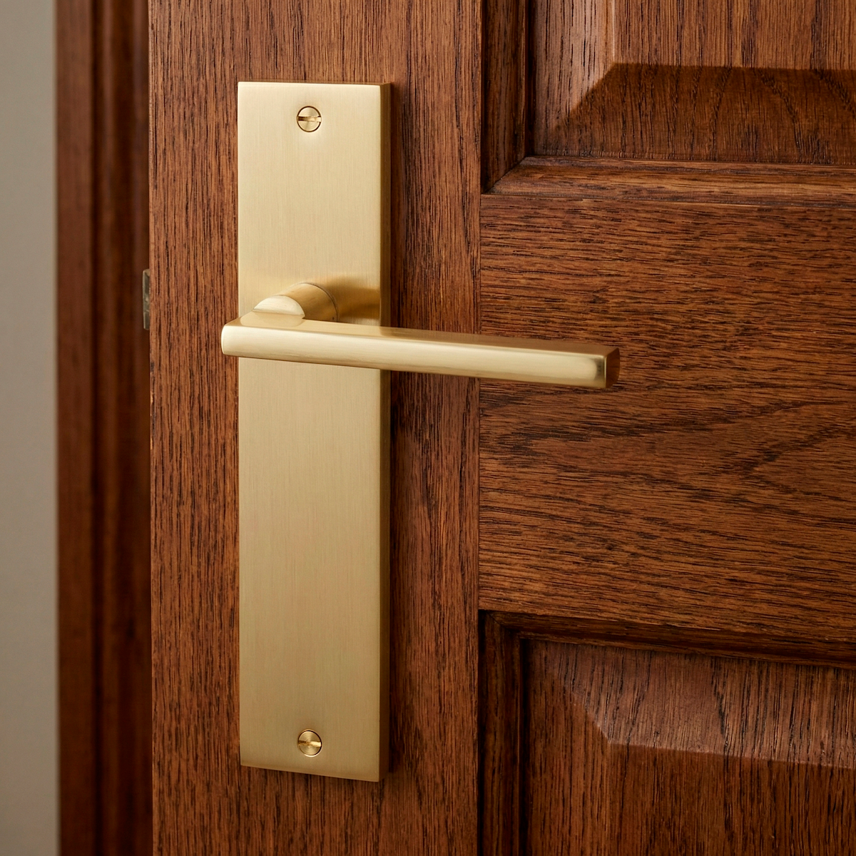 Rectangular rental plate handle in satin gold aluminum