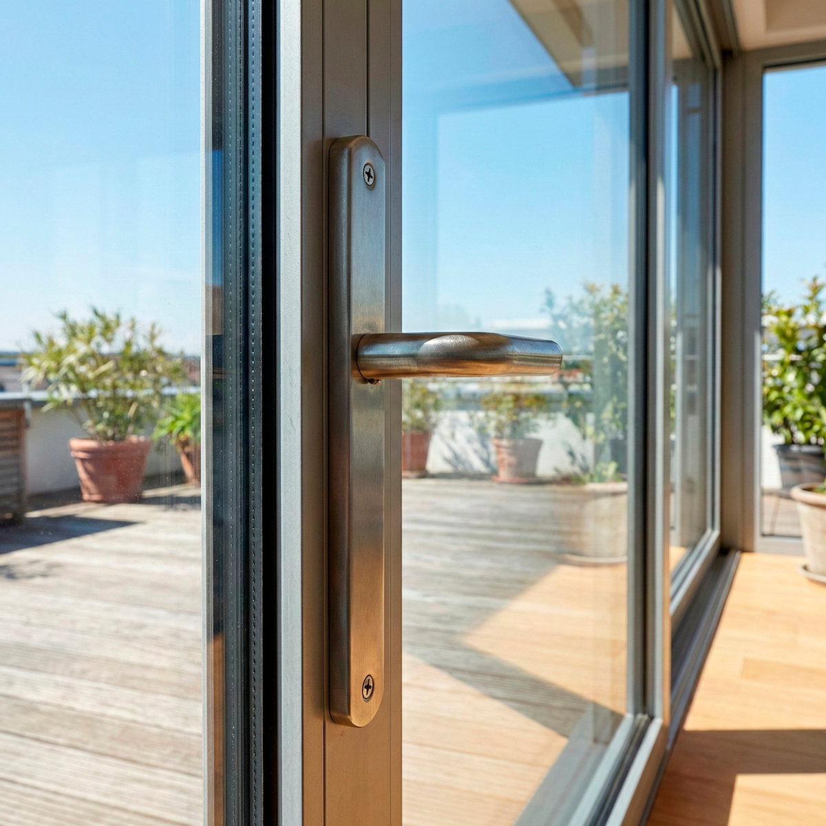 '603' model stainless steel lever handle with narrow backplate for exterior doors
