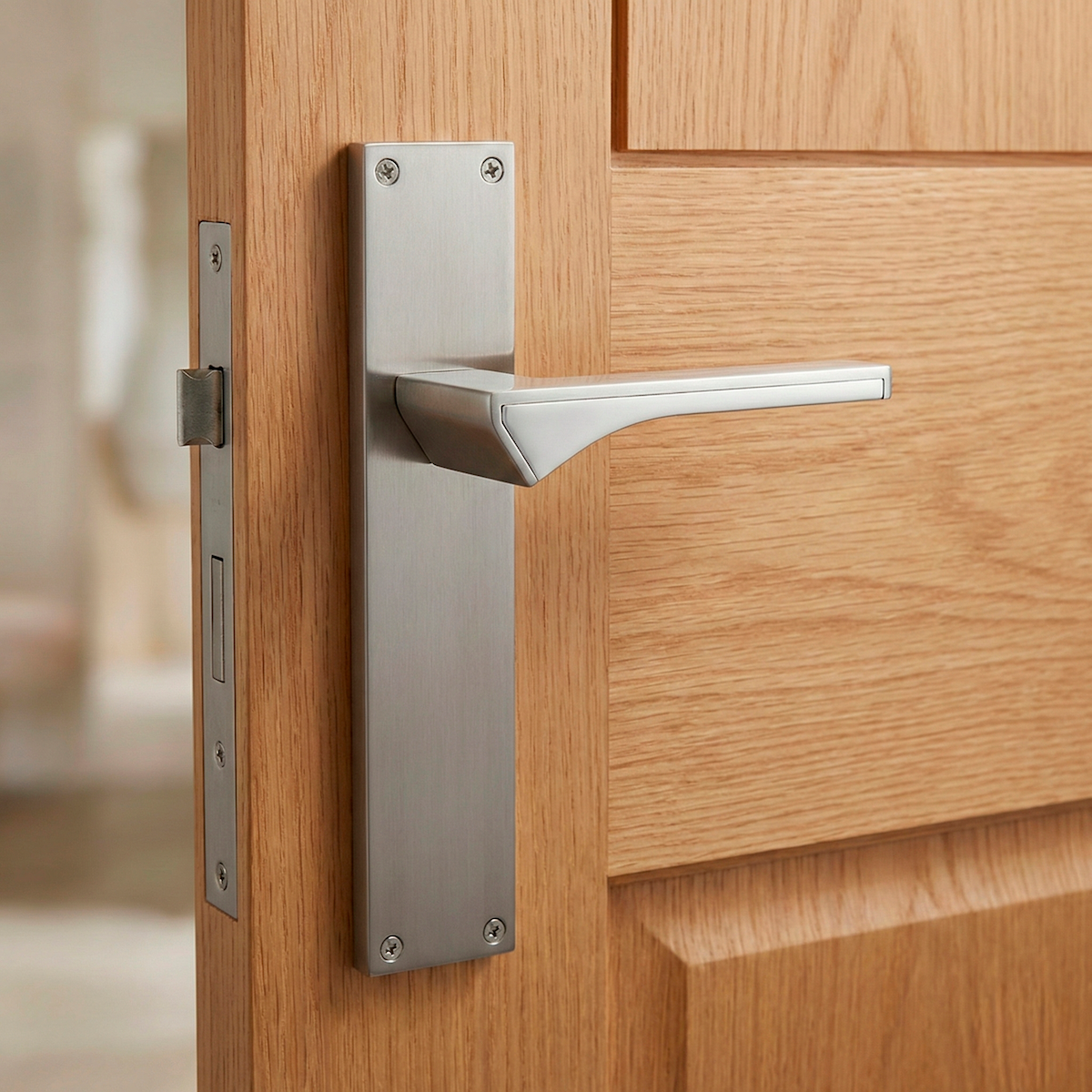 Modern '740' model door handle in zamak with a satin nickel and space gray finish, with a rectangular plate