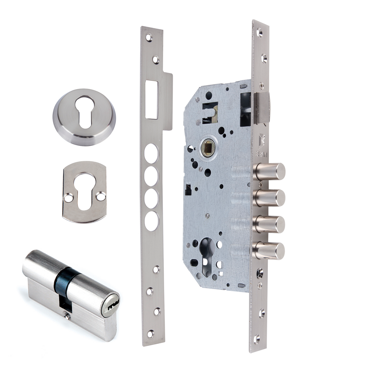 Serrure de sécurité de 50mm à têtière plate avec 4 pênes ronds en acier finition nickel satiné