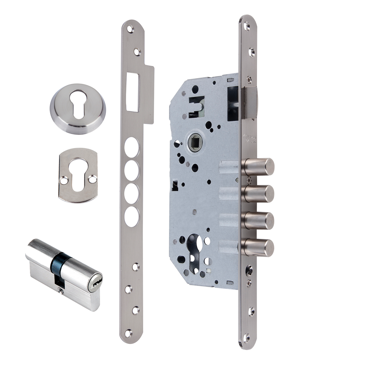 Serrure de sécurité 50mm à têtière ronde avec 4 pênes ronds en acier finition nickel satiné