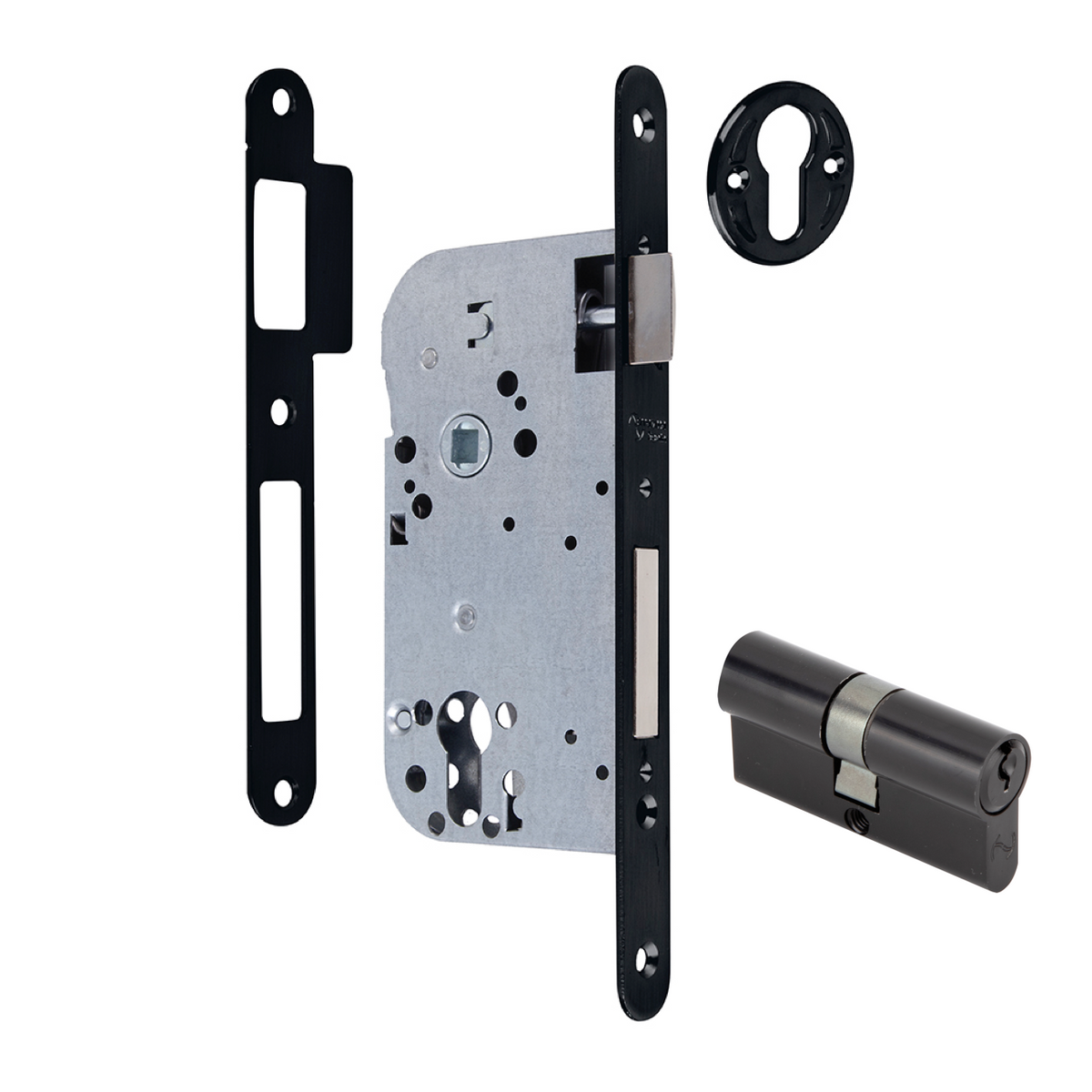 Serrure à mortaiser axe 70 mm et carré de 50 mm, têtière arrondie noire
