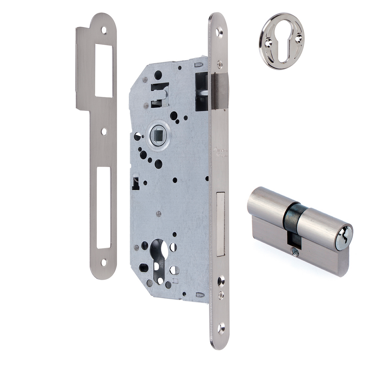 Serrure à encastrer de 50mm pour cylindre européen, têtière bouts ronds, entraxe de 85mm, finition nickel satiné