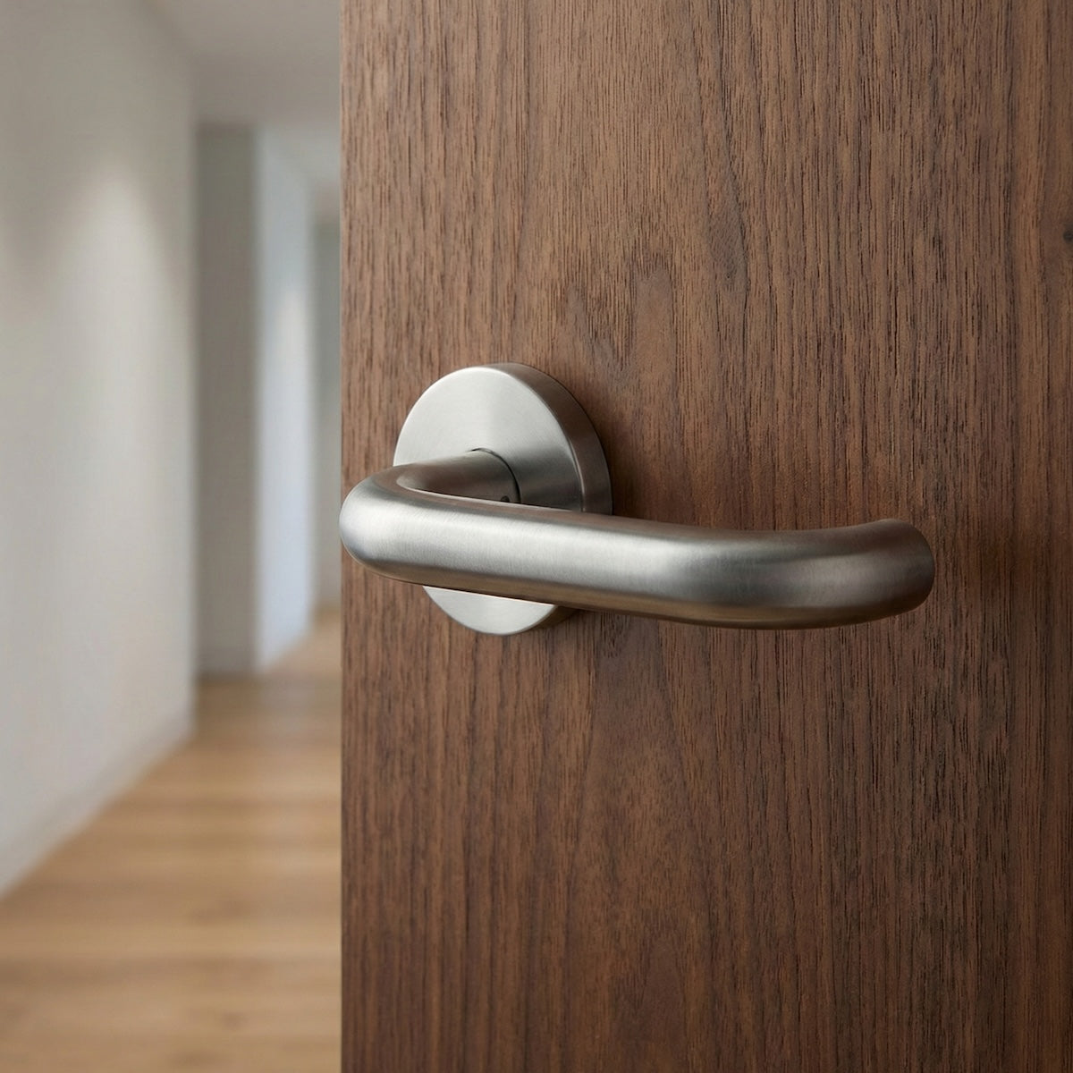 Manilla curva Lyr con roseta redonda de acero Inoxidable para puertas