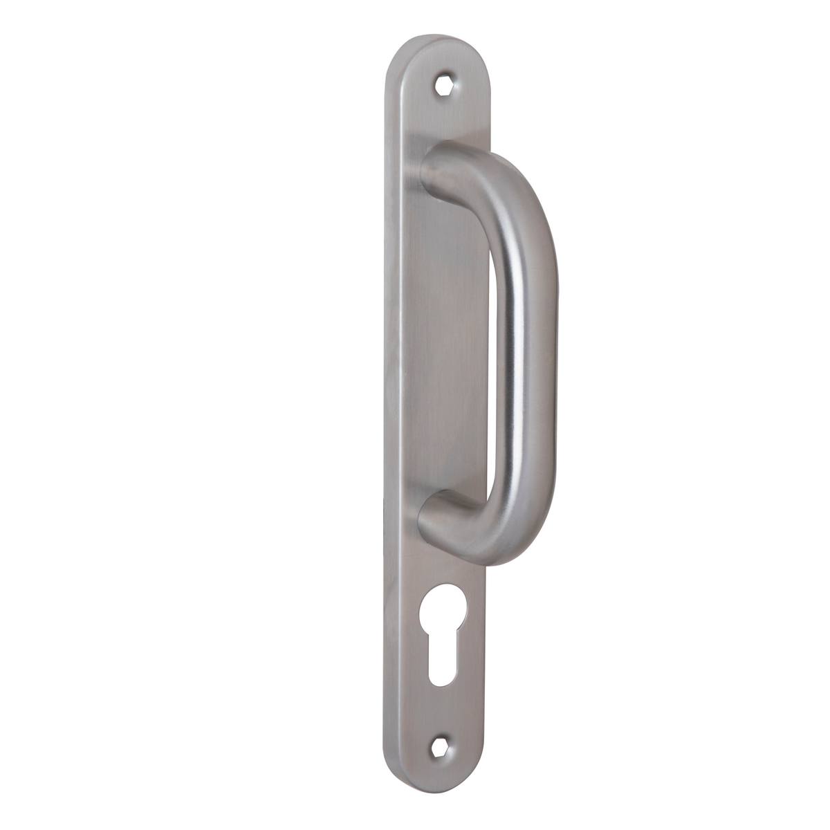 Model 604 handle with keyhole and narrow stainless steel plate for entrance doors