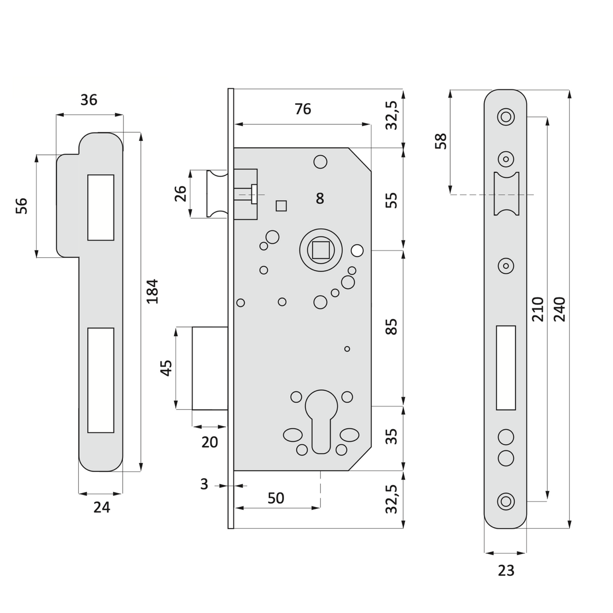 Serrure à encastrer 50mm pour cylindre européen à bouts ronds entraxe 85mm finition noire