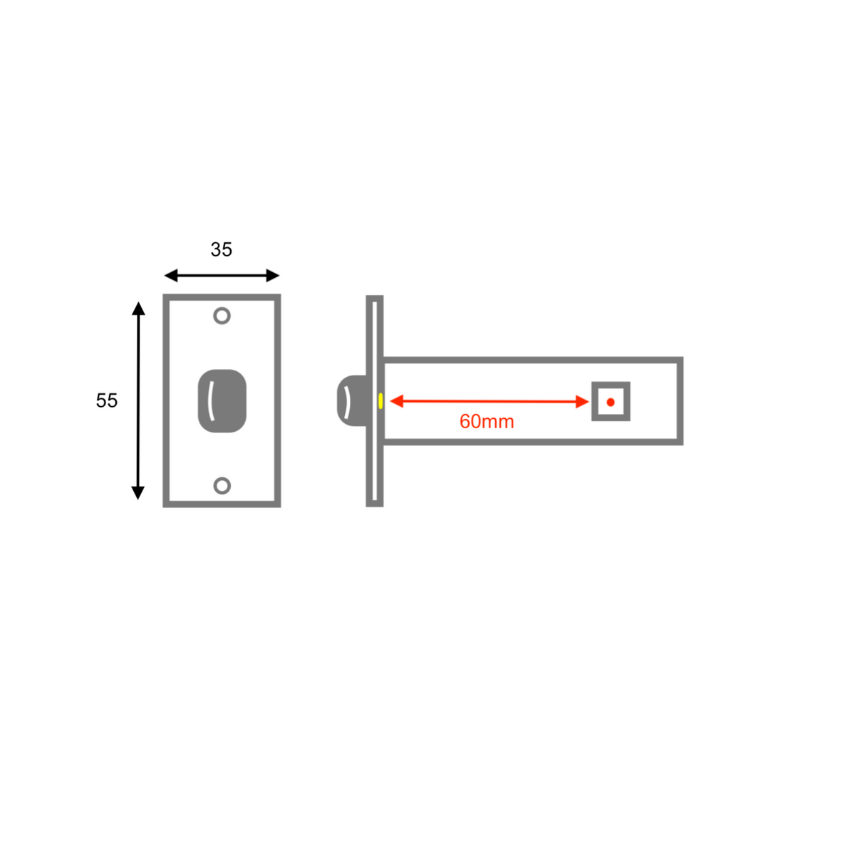 Square tubular latch in satin nickel finish, 60mm backset