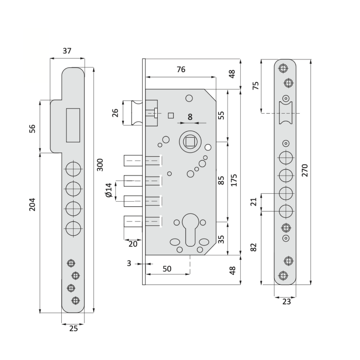 Serrure de sécurité de 50mm à têtière plate avec 4 pênes ronds en acier finition nickel satiné