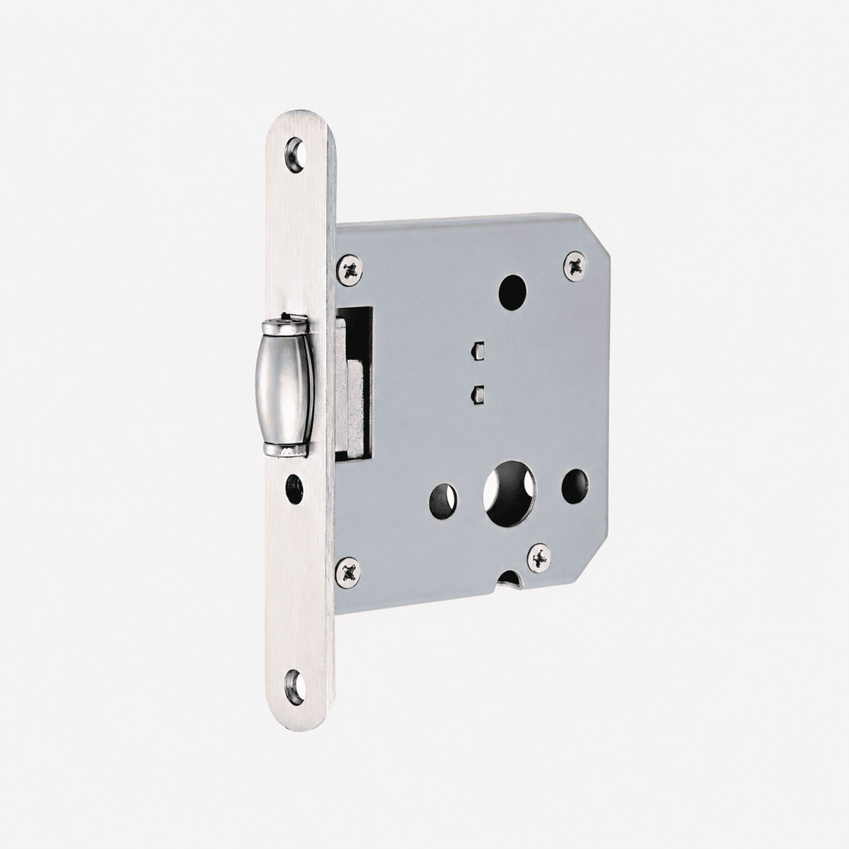 Roller latch with round edge in nickel-plated finish, 55mm backset