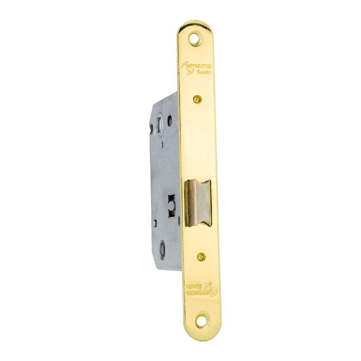 70mm offset latch with strike plate, bright gold finish, round edge