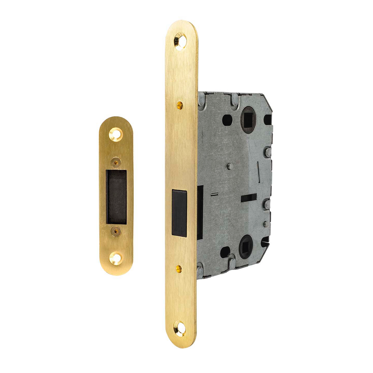 Zamek magnetyczny z satynowym złotym wykończeniem z opcją blokady, rozstaw 70 mm