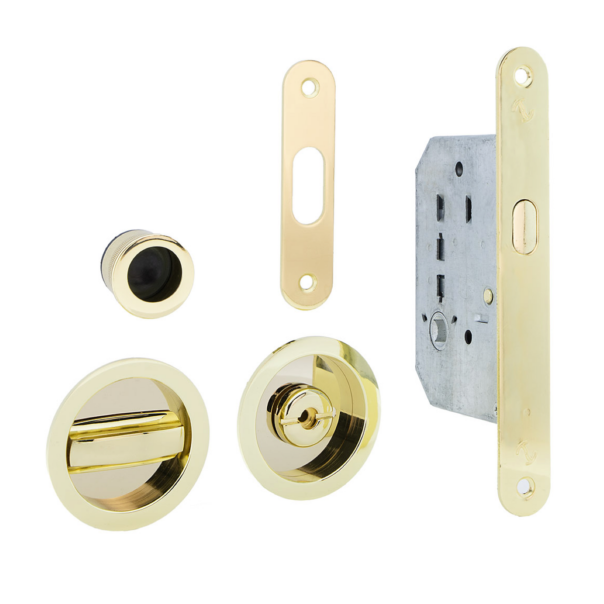 Sliding door latch kit with privacy lock and round flush pulls in a polished gold finish
