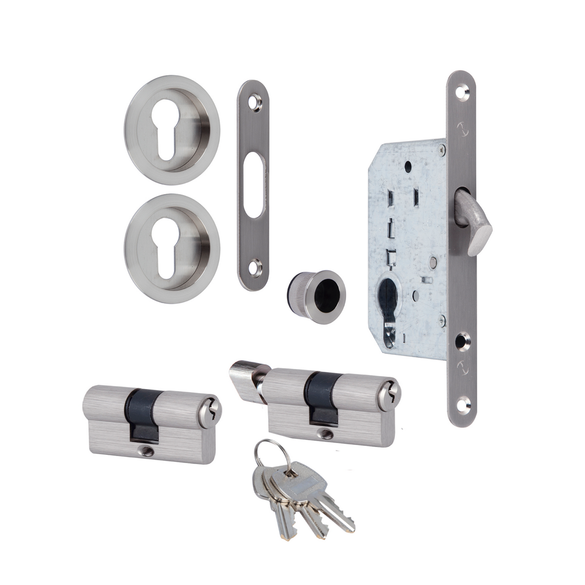 Kit para puerta corredera con cilindro en acabado níquel satinado