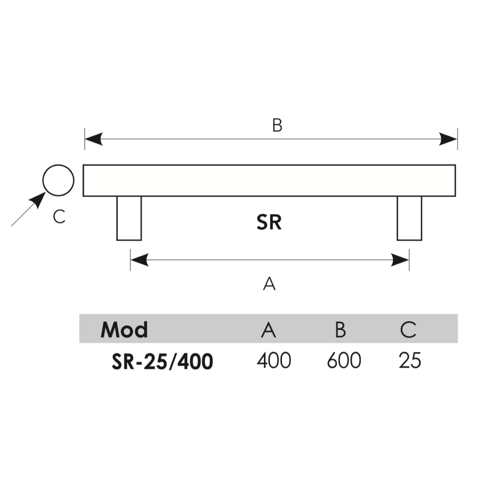 400mm center-to-center oval pull handle in stainless steel without rosette for glass and wooden doors