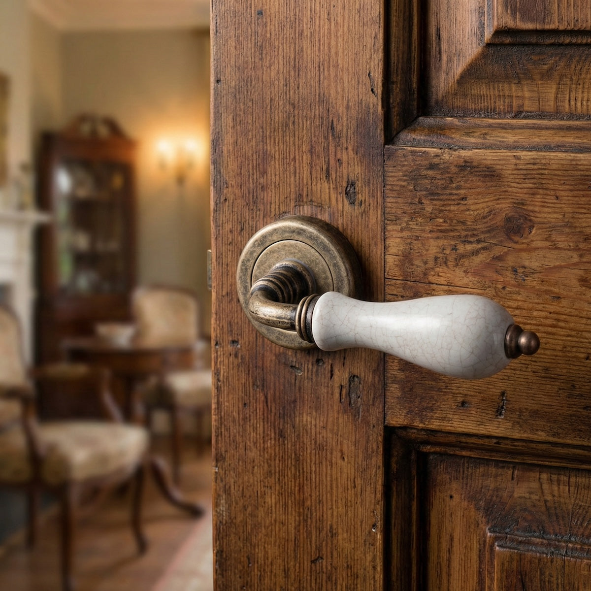Lever handle with round rose and aged leather with porcelain for '4007' model doors