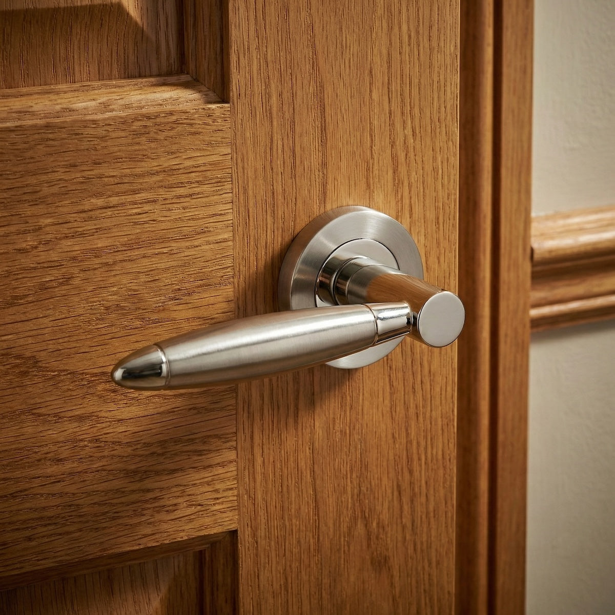 '630' model ZAMAK door handle with Round Rosette and thick two-tone lever