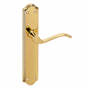 Manilla modelo '1101' con placa curva de aluminio en acabado dorado para puertas