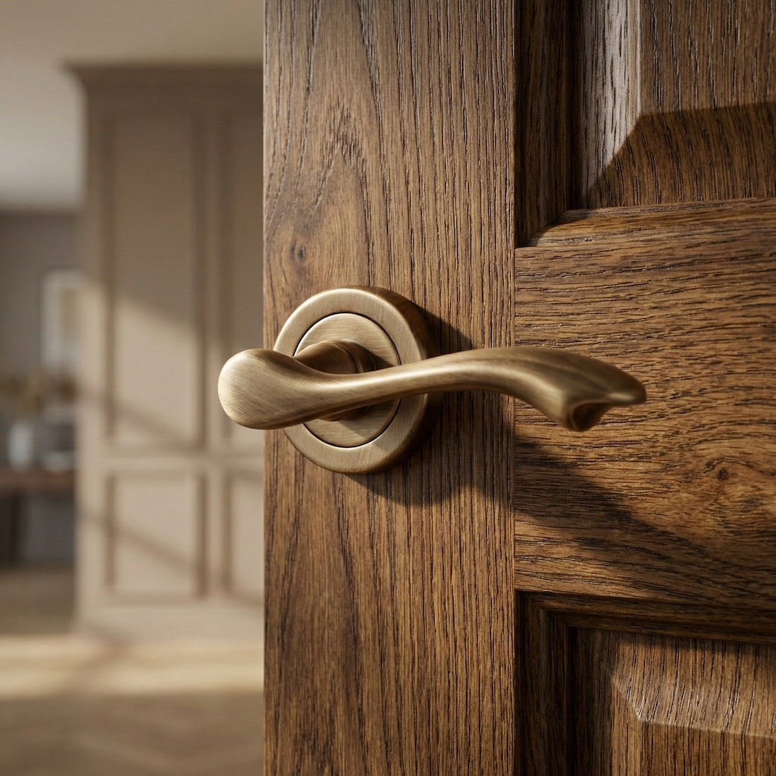 '341C' Wavy Lever Handle with Round Rose in leather finish for doors