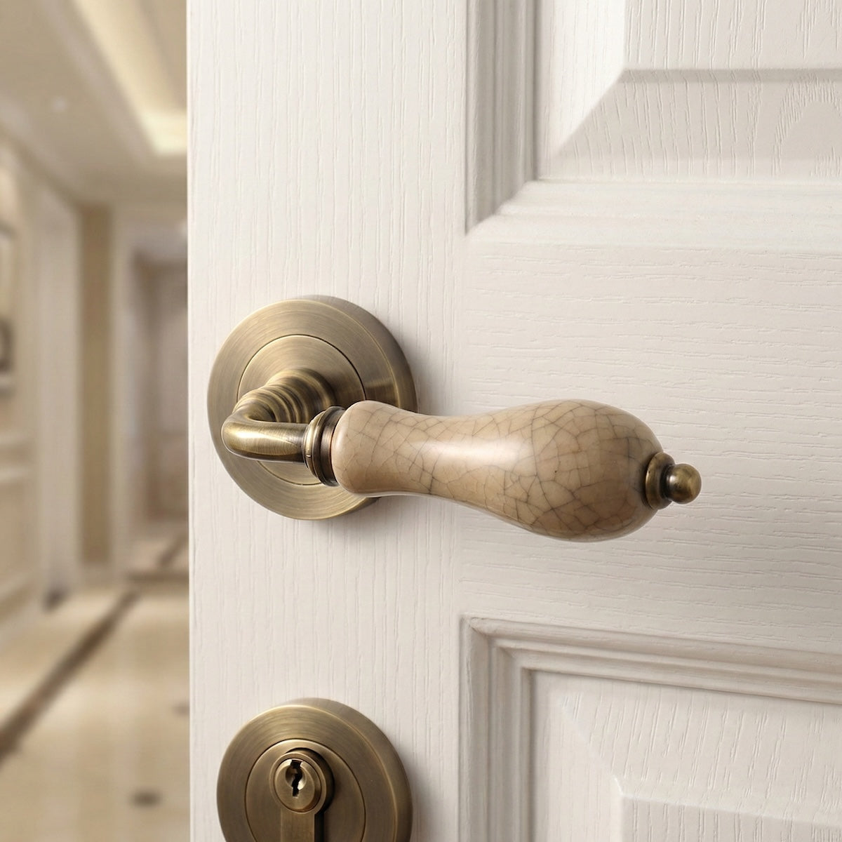 '4008' model aluminum handle with round rosette in leather finish with porcelain