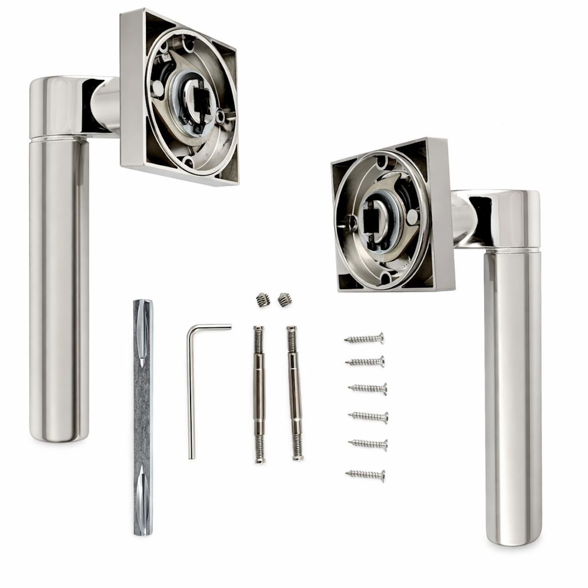 Klamka aluminiowa Macha z kwadratowym szyldem w wykończeniu nikiel kombinowany