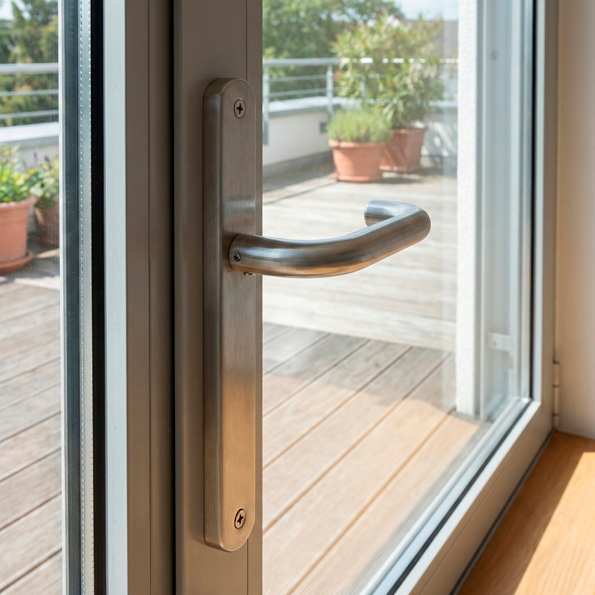 '603' model stainless steel lever handle with narrow backplate for exterior doors