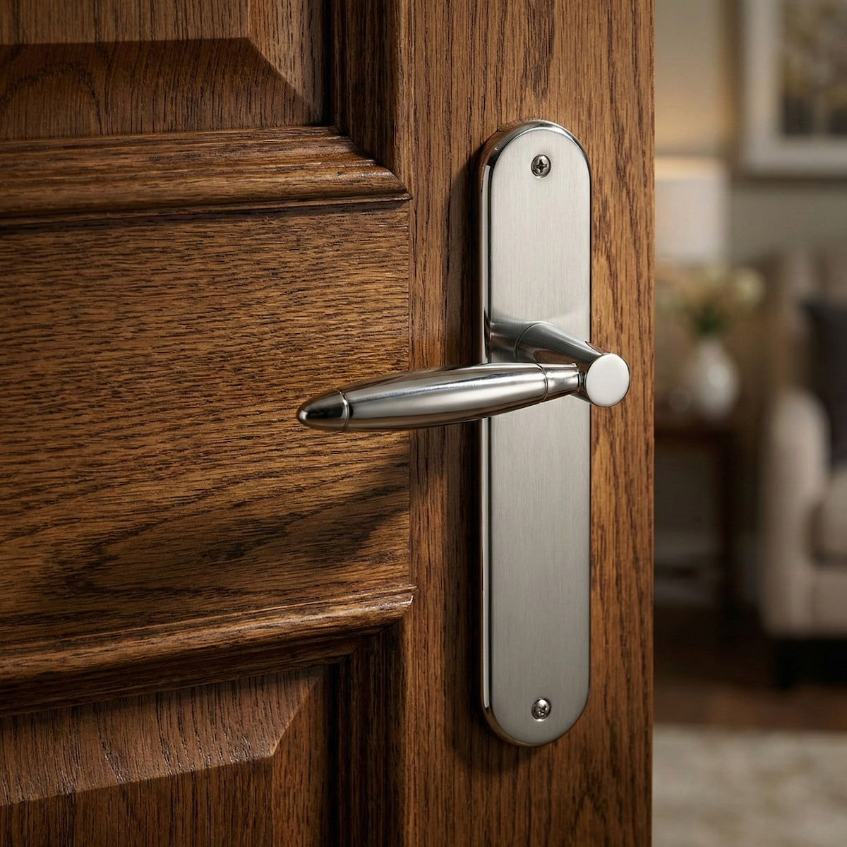 Manilla de zamak con placa ovalada acabado níquel combinado para puertas modelo '630'