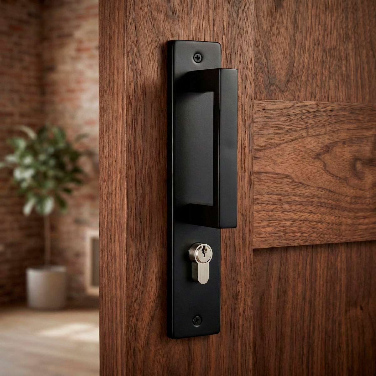 Model 8004 stainless steel pull handle on plate in black finish with keyhole