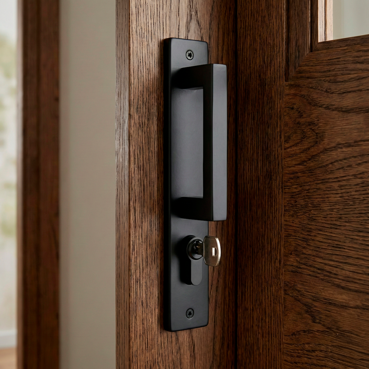 Model 8004 stainless steel pull handle on plate in black finish with keyhole