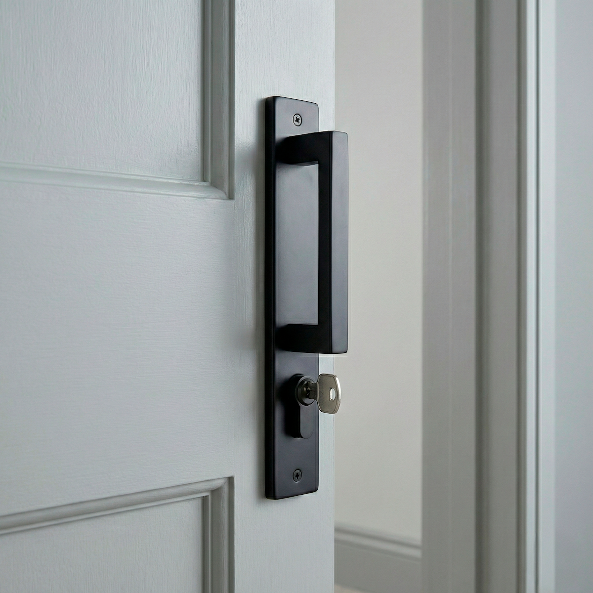 Model 8004 stainless steel pull handle on plate in black finish with keyhole
