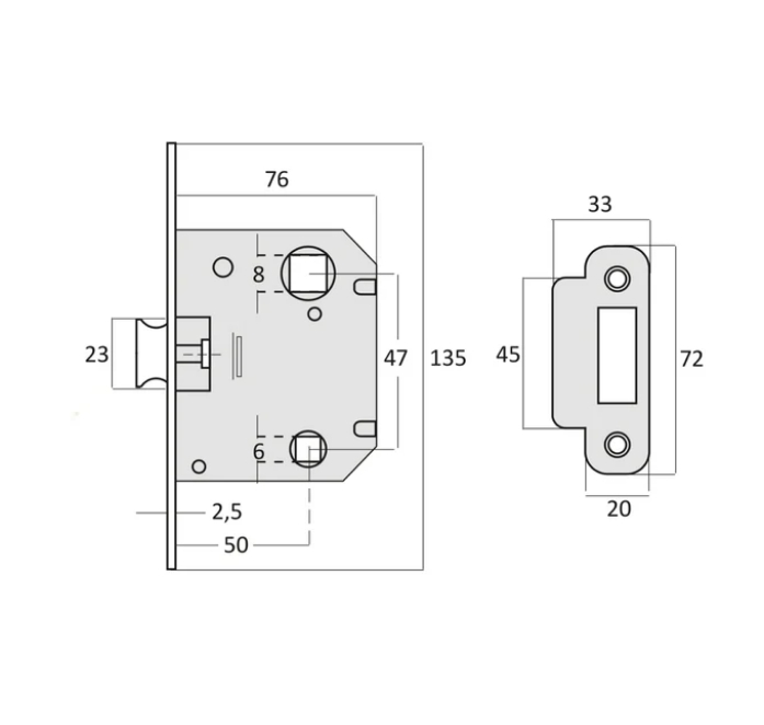 Picaporte unificado reversible canto redondo en acero inoxidable ejes 47mm para puertas de paso