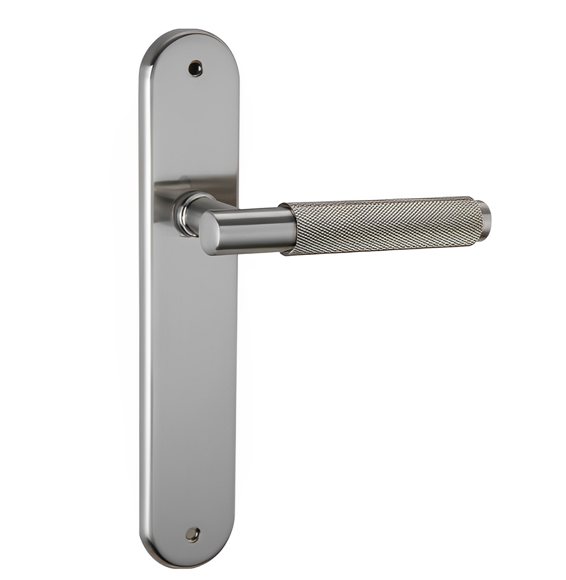 Manilla con placa ovalada de 250x48 mm en zamak níquel satinado para puertas de interior