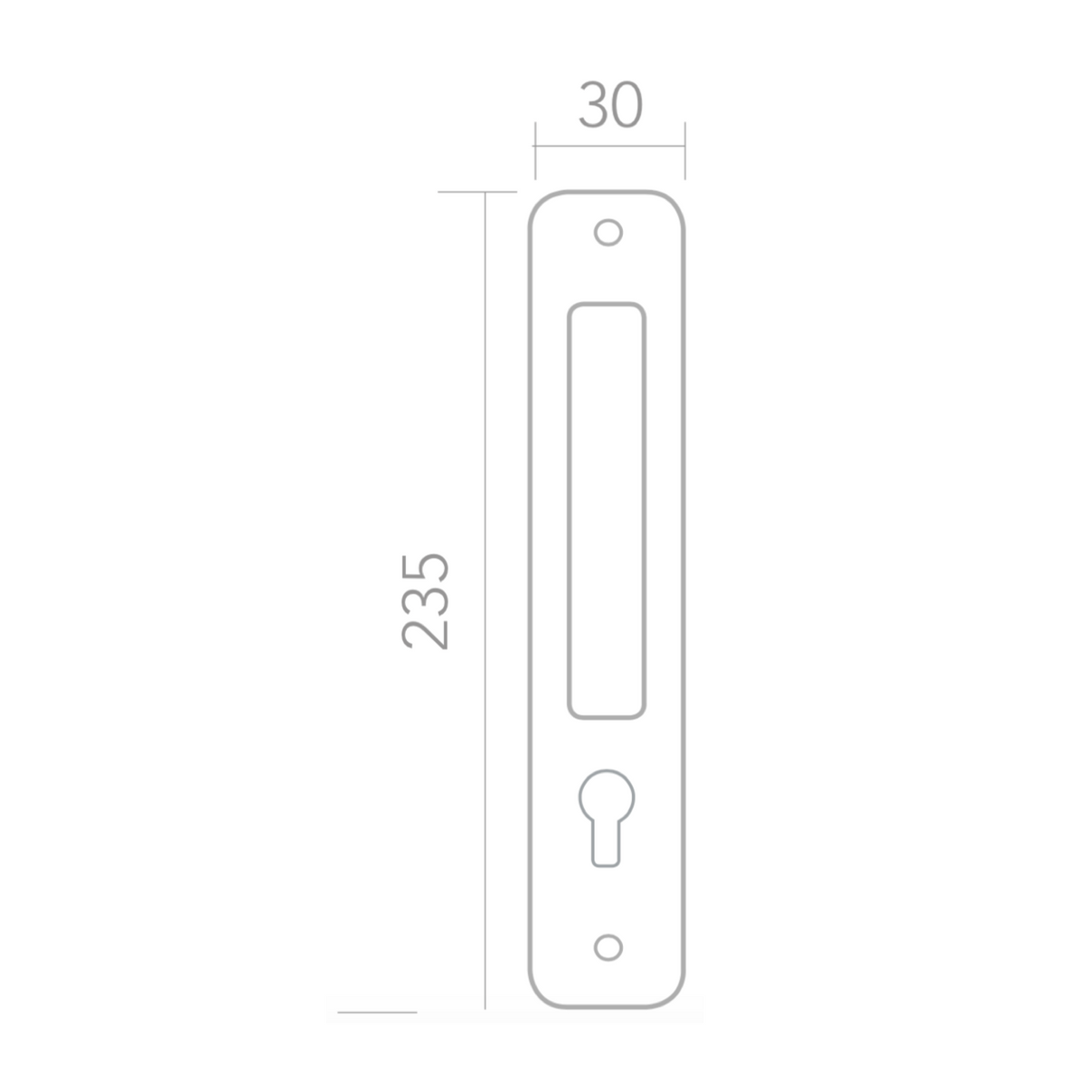 Model 604 handle with keyhole and narrow stainless steel plate for entrance doors