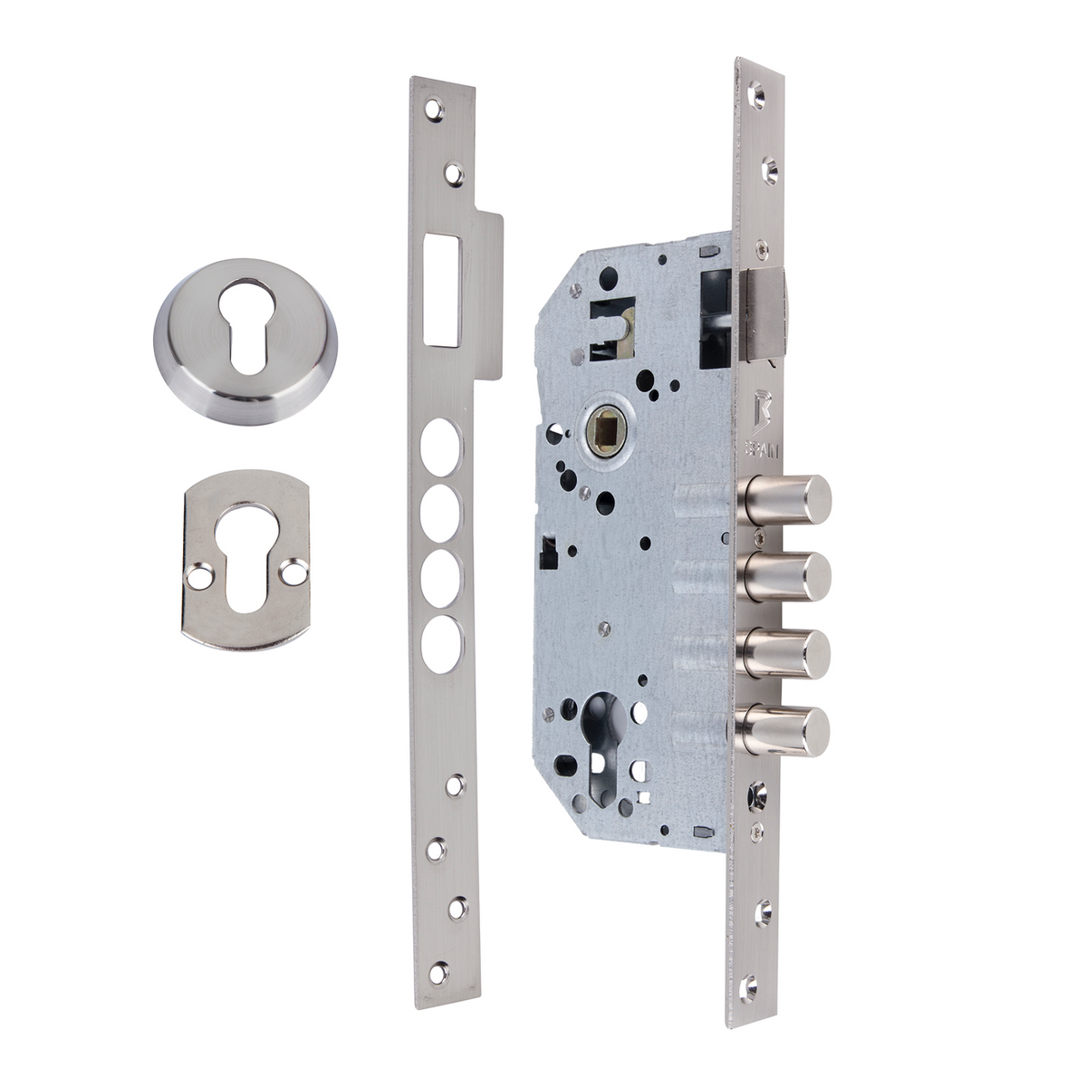 Zamek bezpieczeństwa 50 mm, prosty kant, z 4 stalowymi ryglami, wykończenie nikiel satynowy