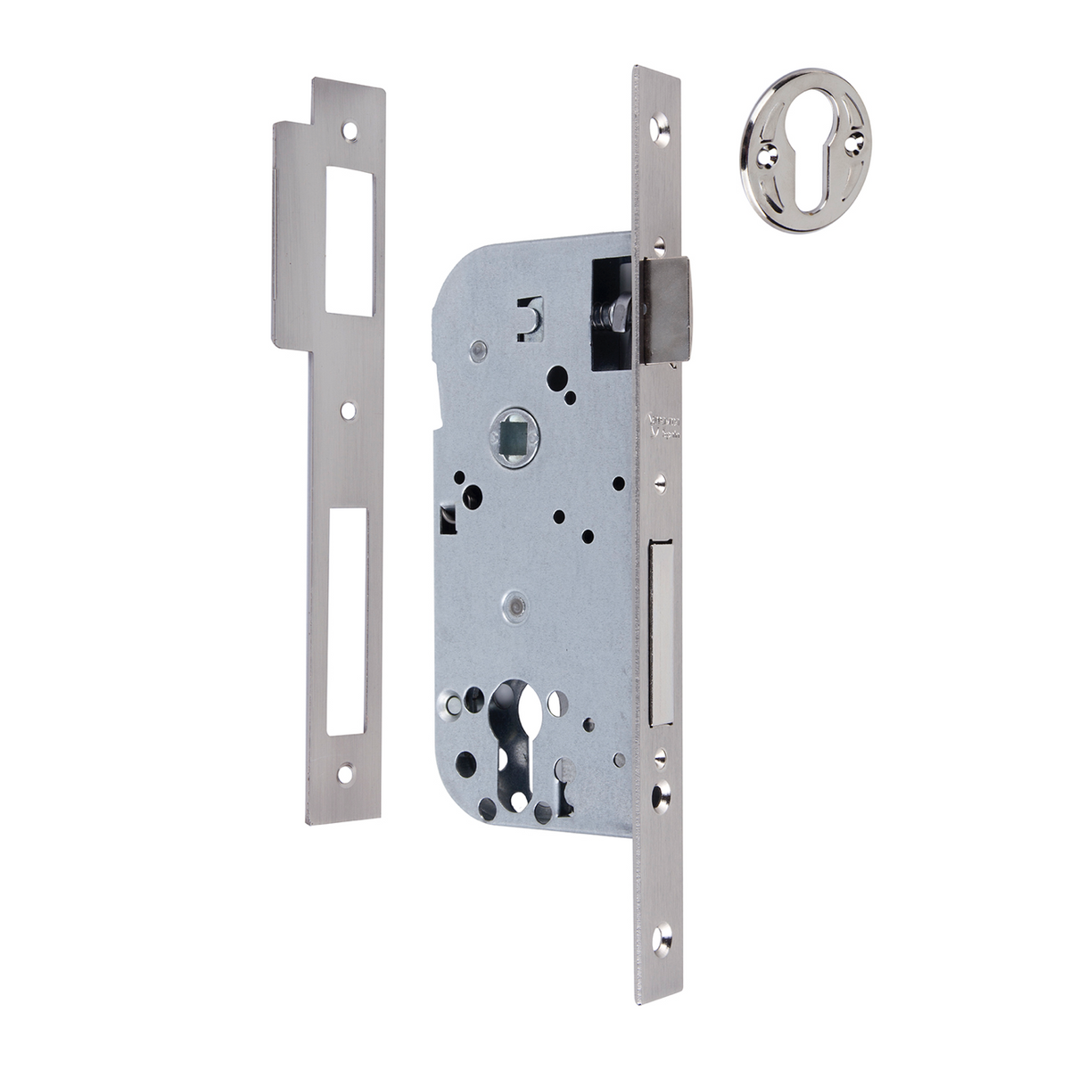 Einsteckschloss 50mm für Profilzylinder mit gerader Stulp und 85mm Achsabstand, satiniertem Nickel-Finish