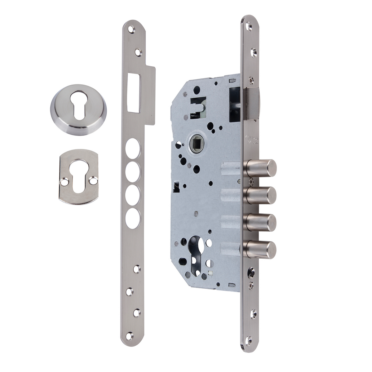 Sicherheitsschloss 60mm mit abgerundeter Stulp, 4 Stahlriegel, satiniertes Nickel