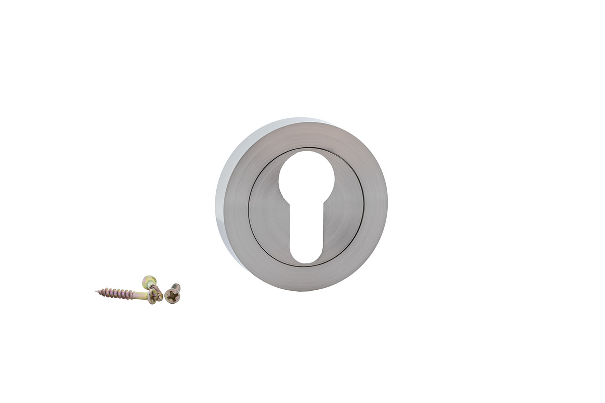 Round escutcheon with pear-shaped keyhole in satin nickel finish for cylinders