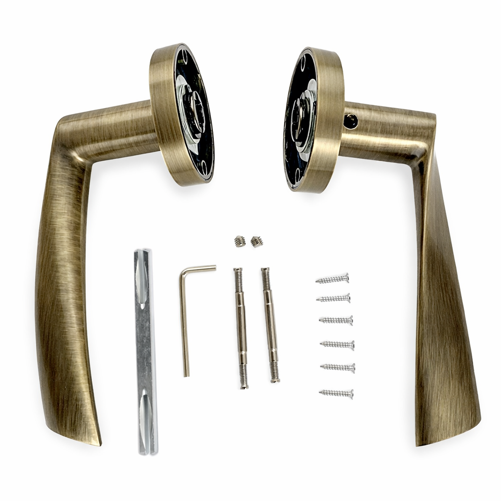 'Ola 130C' model door handle with round rose in leather finish