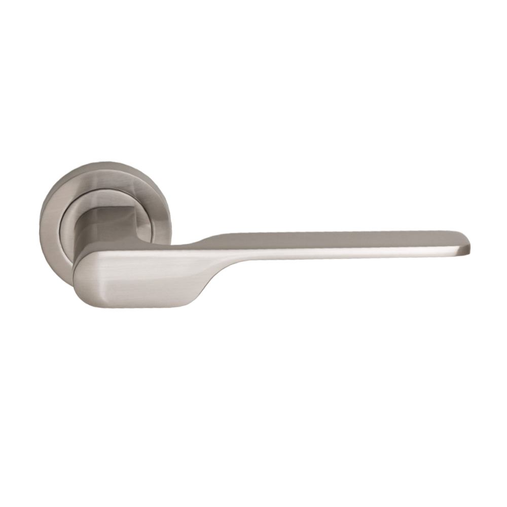 Elegante manilla con roseta redonda de zamak en acabado níquel satinado para puertas modelo 640
