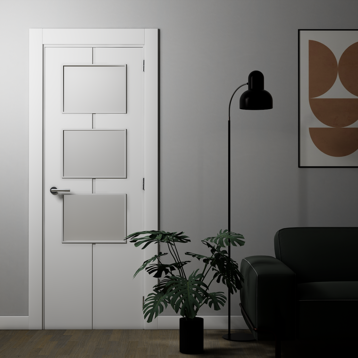 Drzwi HEAV z 3 szybami, montowane w ościeżnicy, o wymiarach 2030x905x35 mm, z pełnym wypełnieniem, w wykończeniu białym