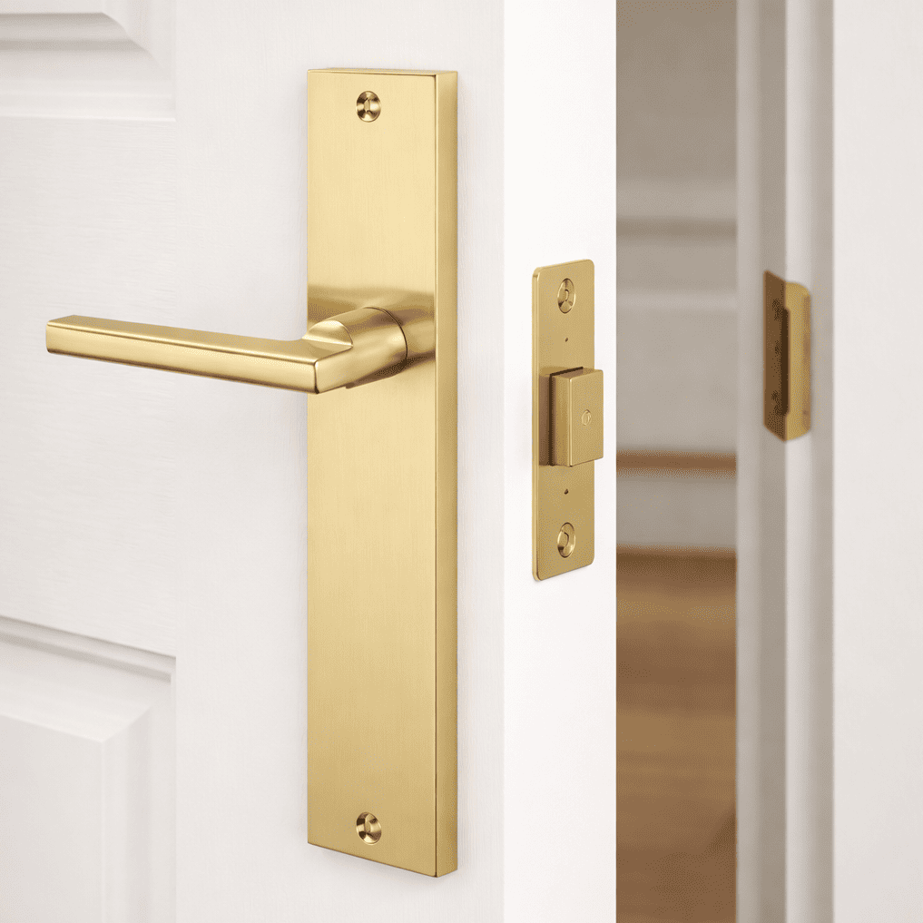 Rectangular rental plate handle in satin gold aluminum