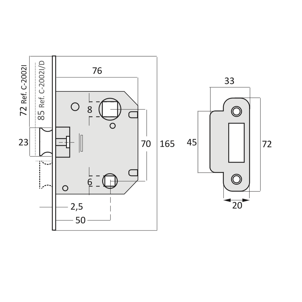 70mm offset latch with strike plate, bright gold finish, round edge
