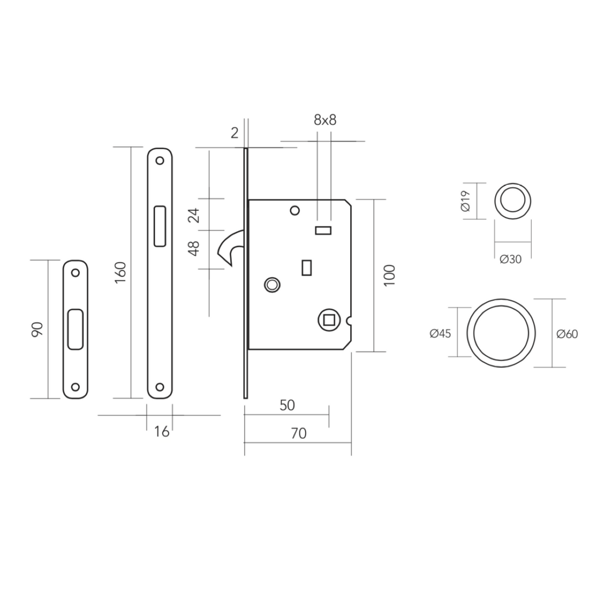 Sliding door kit in satin nickel finish with 2 warded keys included