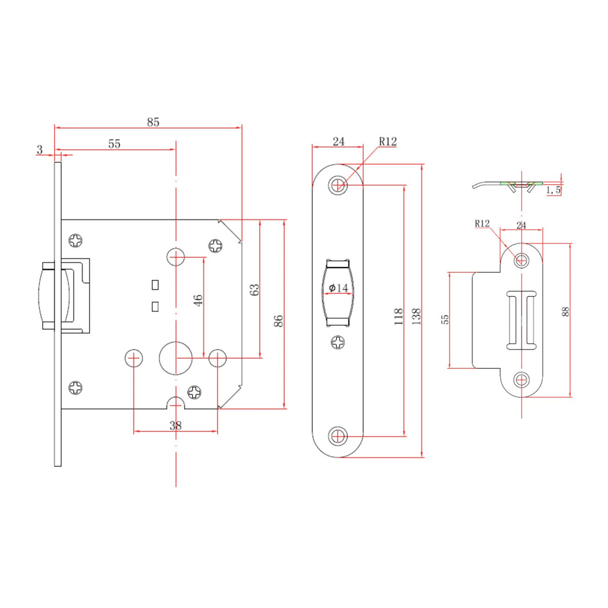 Roller latch with round edge in nickel-plated finish, 55mm backset