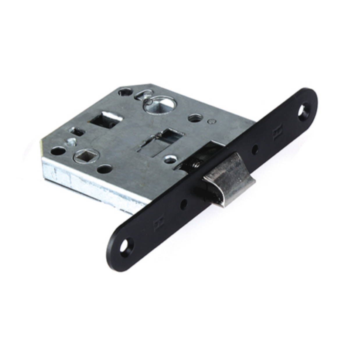 Reversible unified latch, 47mm backset, black finish, round edge.