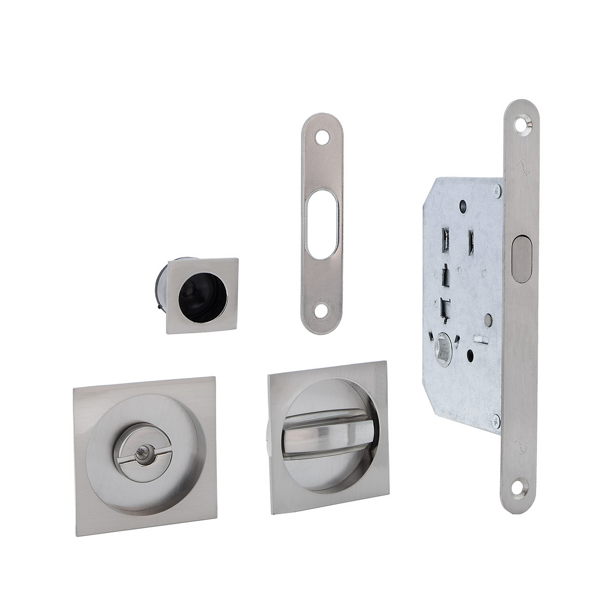 Sliding door kit with privacy lock and square flush pull in satin nickel finish