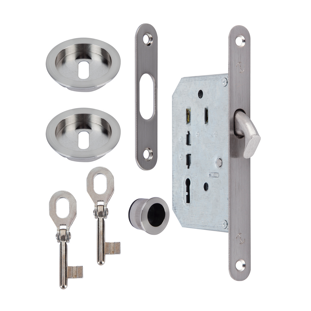 Sliding door kit in satin nickel finish with 2 warded keys included