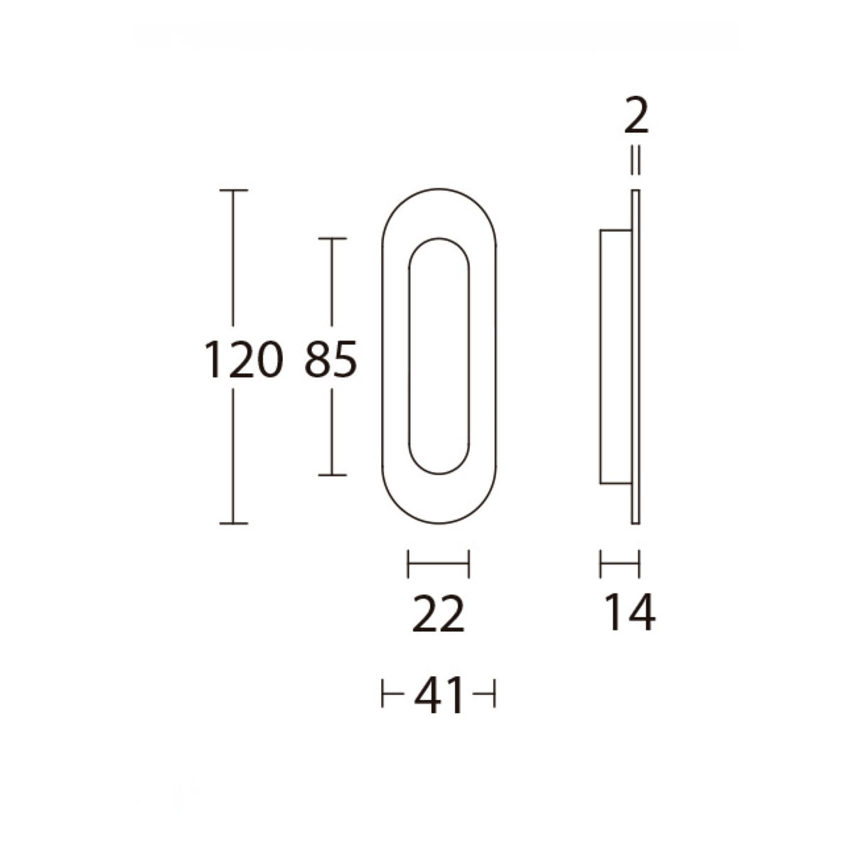 40x120 oval flush pull for sliding door in stainless steel