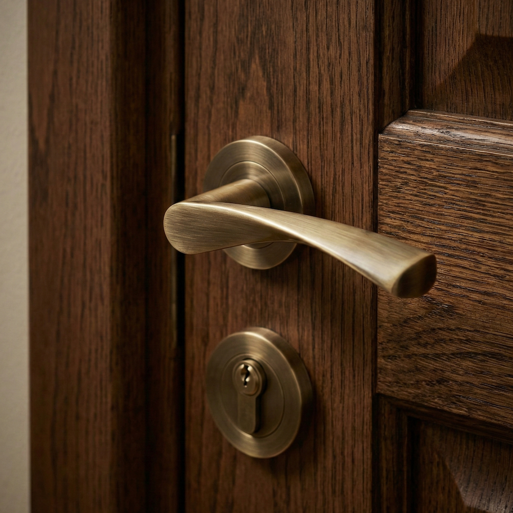 'Ola 130C' model door handle with round rose in leather finish